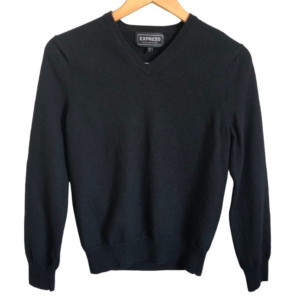 Express 100% Italian Merino Wool Knit V-Neck Sweater Black Size Small